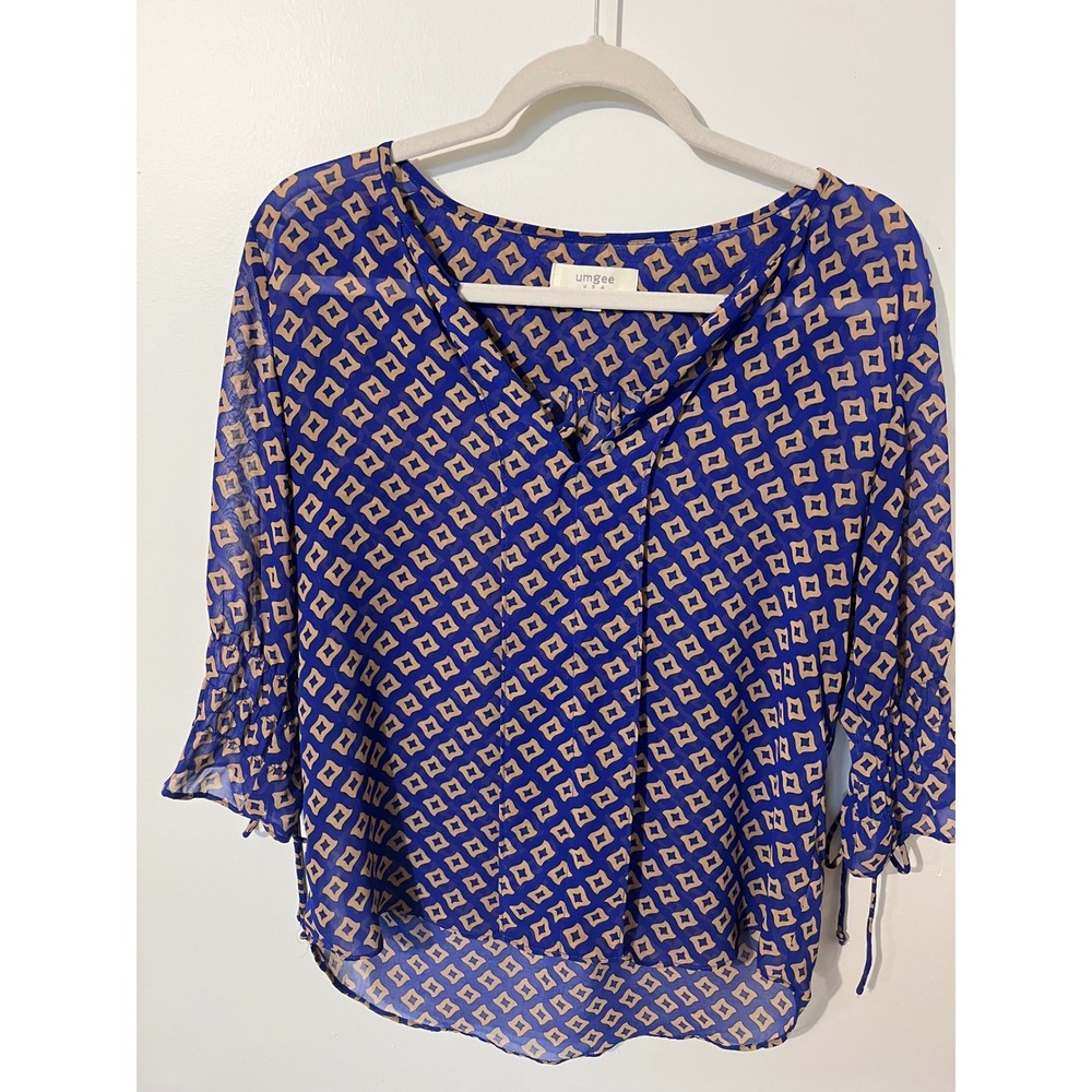 Umgee USA Royal Blue Geometric Diamond Print Chiffon V-Neck Tie Sleeve Blouse S